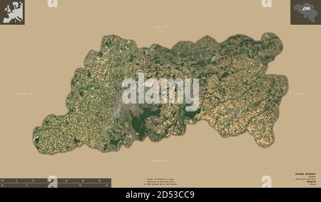 Vlaams Brabant, province de Belgique. Imagerie satellite Sentinel-2. Forme isolée sur un arrière-plan solide avec des superpositions informatives. Rendu 3D Banque D'Images