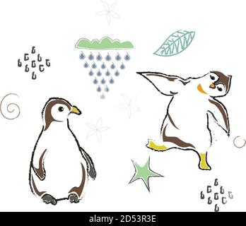 L'icône d'hiver mignon avec les pingouins. Style scandinave dessiné à la main. Vector Illustration Illustration de Vecteur