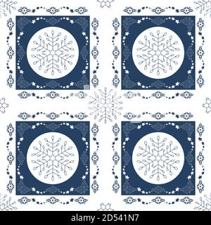 Motif de noël sans couture. Jolis flocons de neige et frise avec des étoiles. Bleu et blanc. Illustration vectorielle. Illustration de Vecteur