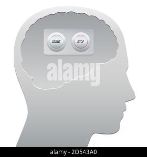 Cerveau humain avec bouton de démarrage et d'arrêt, symbolique pour la concentration, faiblesse de la pensée, juste se détendre entre ou pour un non focalisé, mindless. Banque D'Images