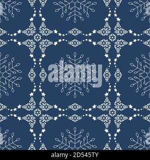 Motif de noël sans couture. Jolis flocons de neige et frise avec des étoiles. Couleurs blanc et bleu. Illustration vectorielle. Illustration de Vecteur