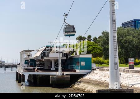 Belle vue sur le téléphérique au-dessus de la ville dans le quartier de Parque das Nacoes, Lisbonne, Portugal Banque D'Images