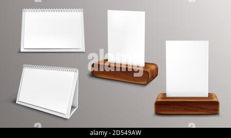 Calendrier sur maquette de base en bois, almanach à feuilles volantes avec pages vierges et classeur. Maquette de calendrier papier de bureau vue avant et latérale, ordre du jour isolé, modèle. Illustration vectorielle 3d réaliste, définie Illustration de Vecteur