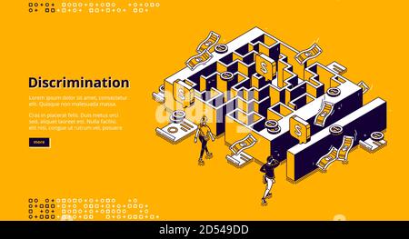 Bannière de discrimination. Notion d'inégalité entre les sexes dans les entreprises, différence de salaire et opportunités de carrière professionnelle. Illustration isométrique vectorielle du labyrinthe, de l'argent, de la femme et de l'homme Illustration de Vecteur