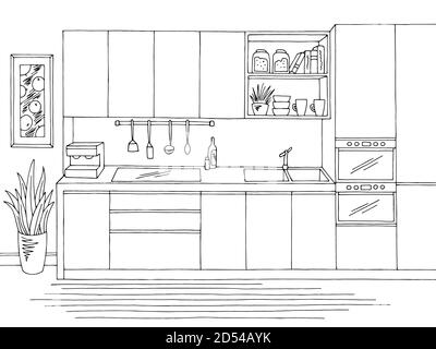 Cuisine pièce graphique noir blanc intérieur dessin illustration vecteur Illustration de Vecteur