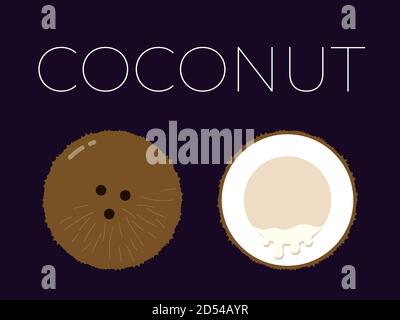 Vecteur de noix de coco et demi de noix de coco en tranches à l'obscurité arrière-plan Illustration de Vecteur
