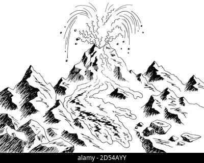 Volcan éruption montagne graphique noir blanc esquisse paysage illustration vecteur Illustration de Vecteur