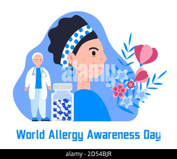 Vecteur de concept de la Journée mondiale de sensibilisation aux allergies pour le site Web médical, l'application, la bannière. Le médecin traite la femme atteinte d'une maladie de la peau Illustration de Vecteur