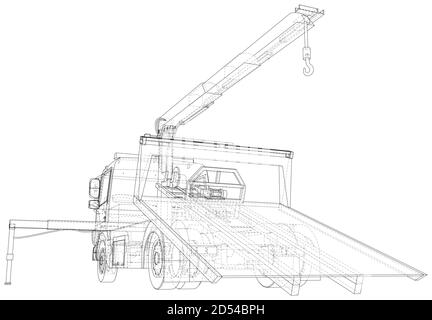 Vecteur de chariot de remorquage. Remorquage transport de véhicule de transport de camion. Aide sur route. Fil - châssis. Les couches de lignes visibles et invisibles sont séparées Illustration de Vecteur