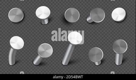 Clous en fer martelés dans le mur, pointes droites et courbées en acier avec tête circulaire. Ensemble vectoriel réaliste de broches métalliques, matériel de quincaillerie, clous de menuiserie et outils de construction isolés sur fond transparent Illustration de Vecteur