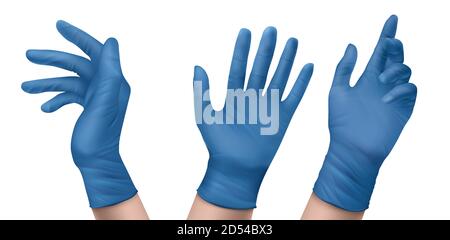 Gants médicaux bleus en nitrile sur les mains. Vector Realistic jeu de gants stériles en latex ou en caoutchouc pour médecin, chirurgien ou infirmière. Équipement hospitalier et de laboratoire pour la protection contre les virus et les infections Illustration de Vecteur