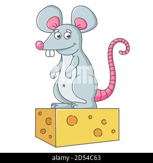 une grande souris grise repose sur un morceau de fromage. un rat bien nourri. illustration de caractère vectoriel plat. Illustration de Vecteur