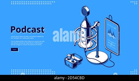 Bannière de podcast. Enregistrez une émission radiophonique, un entretien audio, des discussions en direct. Page d'accueil Vector de podcasting avec équipement multimédia isométrique, microphone, smartphone et haut-parleurs Illustration de Vecteur