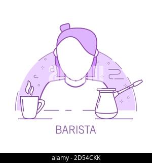 Le Barista fille décrit un personnage de dessin animé avec un cappuccino et une tasse de papier de café. Illustration de Vecteur