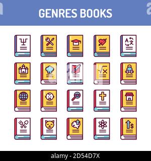 Genres de livres jeu d'icônes de ligne de couleur. Illustration vectorielle Illustration de Vecteur