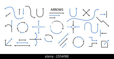 Grandes flèches et indications de direction. Ligne fine et flèche. Noir vectoriel et bleu isolés sur fond blanc. Modifiez facilement l'épaisseur des lignes. Illustration de Vecteur