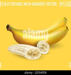 Bananes entières et tranches pelées sur fond jaune. Illustration de Vecteur