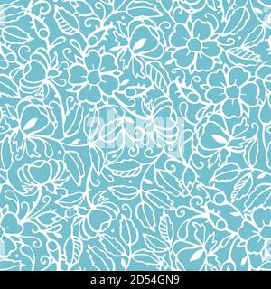 Motif feuilles de rose sauvage rétro. Motif fleuri vintage monochrome à motif fowksy art. Plante à contour blanc sur fond bleu. Arrière-plan élégant de la nature. Perefect pour l'événement, le mariage et l'emballage cadeau. Illustration de Vecteur