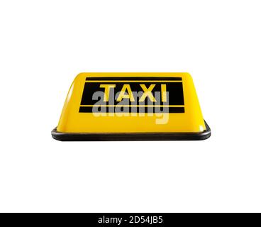 Photo du panneau de taxi jaune isolé sur fond blanc. Banque D'Images