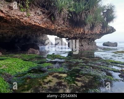 Formation de roche avec arcade naturelle submergée dans l'eau à la côte des rocheuses Banque D'Images