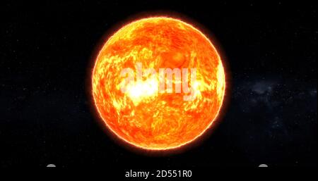 vue panoramique 4k depuis l'espace. Volcans de la surface du soleil. Lave sur la surface du soleil. rendu du soleil en 3d sur une résolution 4k. Banque D'Images