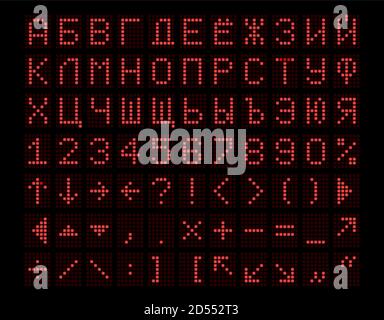 Alphabet russe, chiffres, signes de ponctuation et d'orthographe sous la forme d'un tableau de bord électronique en rouge phosphorescent. Illustration vectorielle. Illustration de Vecteur