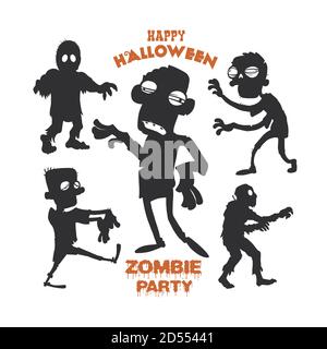 Ensemble de silhouettes zombies de dessin animé. Une collection de zombies pour halloween. Illustration de Vecteur