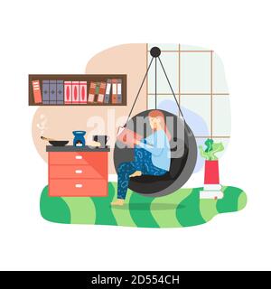 Bonne femme passant du temps libre à la maison. Fille appréciant livre de lecture assis dans un fauteuil suspendu, illustration vectorielle plate. Illustration de Vecteur