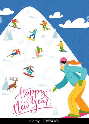 Affiche de la station de ski avec des gens qui font des sports d'hiver. Illustration de Vecteur