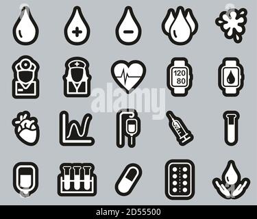 Préassurance sanguine ou icônes de sang blanc sur l'ensemble d'autocollants noirs Grande Illustration de Vecteur