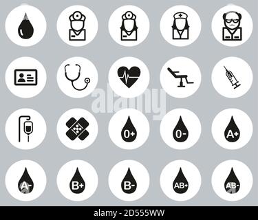 Types de sang ou icônes de don de sang plat noir et blanc Design Circle Set Big Illustration de Vecteur