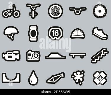 Autocollant BMX Extreme Sport & Equipment Icons blanc sur noir Définir grand Illustration de Vecteur