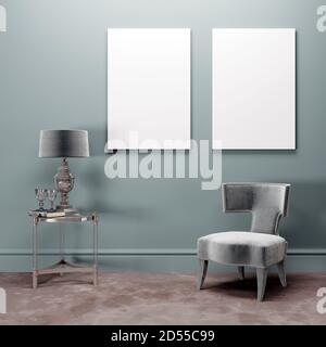 Deux affiches maquette avec intérieur turquoise vintage, image 3d Banque D'Images