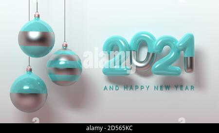 Rendu 3d 2021 ans, boules de Noël, carte de vœux Noël et nouvel an, illustration moderne horizontale. Banque D'Images