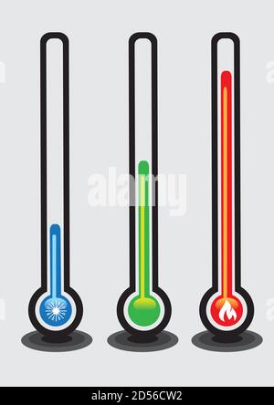 Jeu de trois thermomètres à mercure dans le verre avec couleurs et symboles pour indiquer la température chaude, froide et ambiante. Illustration vectorielle isolée sur fond gris Illustration de Vecteur
