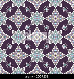 Décoration abstraite colorée, tourbillons orientaux motif sans couture avec fleurs et boucles, ajouré. Trasery multicolore sur fond violet, pour Illustration de Vecteur