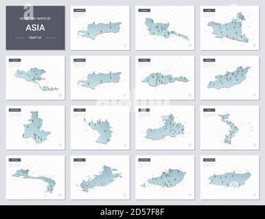 Ensemble de cartes vectorielles isométriques - continent asiatique. Cartes des pays asiatiques avec division administrative et villes. Partie 3. Illustration de Vecteur