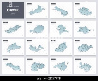 Ensemble de cartes vectorielles isométriques - Europe continent. Cartes des pays européens avec division administrative et villes. Partie 1. Illustration de Vecteur