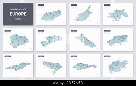 Ensemble de cartes vectorielles isométriques - continent européen. Cartes des pays européens avec division administrative et villes. Partie 3. Illustration de Vecteur