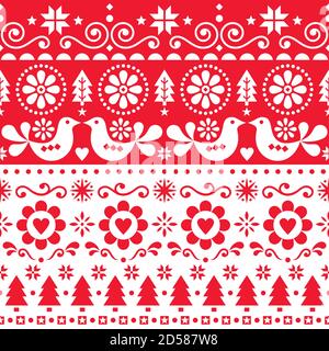 Noël folk art vector sans coutures, joli motif scandinave festif avec oiseaux, flocons de neige, fleurs, arbres de Noël en rouge et blanc Illustration de Vecteur