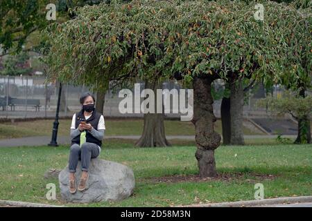 Une femme américaine asiatique plus âgée est assise sur un grand rocher tout en utilisant son téléphone cellulaire. Dans un parc à Flushing, Queens, New York. Banque D'Images
