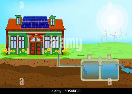 Système de traitement des eaux usées à domicile privé externe. Maison résidentielle avec panneaux solaires sur le toit et système septique souterrain et schéma de drainage.Vector Illustration de Vecteur