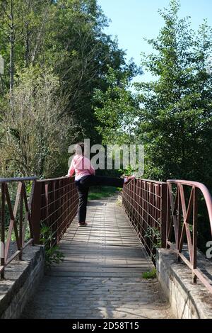 Femme debout sur un pont dans un parc s'étendant, France Banque D'Images