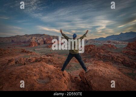 Vue arrière d'un homme debout sur des rochers, Little Finland, Gold Butte National Monument, Nevada, USA Banque D'Images