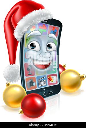 Téléphone mobile cellulaire Noël Mascot in Santa Hat Illustration de Vecteur