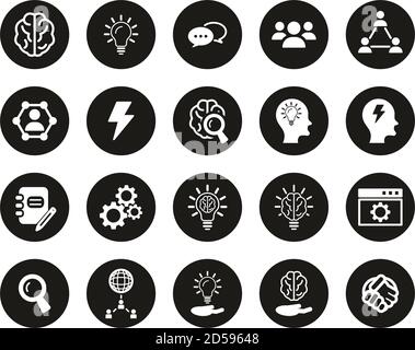 Brainstorming ou Idea Icons White sur Black Flat Design Circle Définir grand Illustration de Vecteur