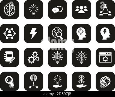 Brainstorming ou Idea Icons White sur Black Flat Design Set Grande Illustration de Vecteur