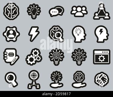 Brainstorming ou Idea Icons blanc sur Black Sticker Set Big Illustration de Vecteur