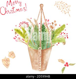 Un ensemble festif d'éléments joyeux Noël. Pot suspendu macrame composition de branches, de cônes et de baies de cèdre. Vecteur Illustration de Vecteur