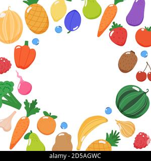 Cadre fruits et légumes avec espace de copie, illustration vectorielle de style plat Illustration de Vecteur